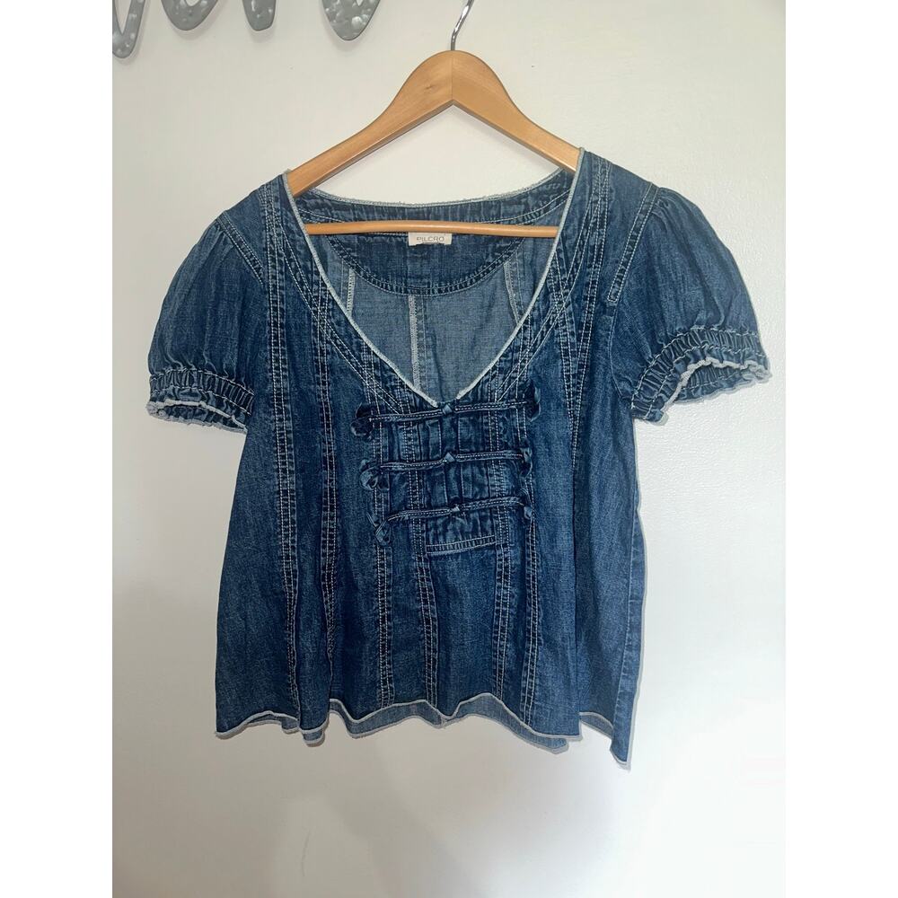 Pilcro Anthropologie Denim Chambray Blouse M Puff Sleeve Toggle Boho Top - Picture 2 of 5